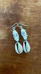 Boho Chic Cowrie Shell and Natural Bone Earrings - Handcrafted Bohemian Jewelry