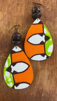 African Fabric Teardrop Earrings - Coconut Shell Beads - Reversible - Tribal Earrings