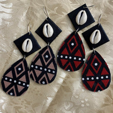 Load image into Gallery viewer, African Fabric and Wood Geometric Earrings with Cowrie Shells - Dangle Earrings