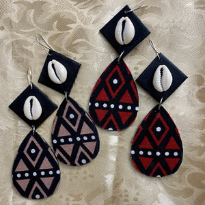 African Fabric and Wood Geometric Earrings with Cowrie Shells - Dangle Earrings