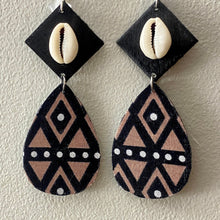 Load image into Gallery viewer, African Fabric and Wood Geometric Earrings with Cowrie Shells - Dangle Earrings