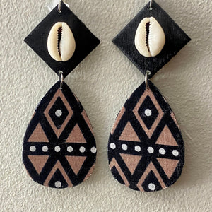 African Fabric and Wood Geometric Earrings with Cowrie Shells - Dangle Earrings