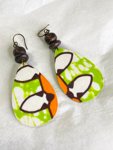 African Fabric and Shell Teardrop Earrings