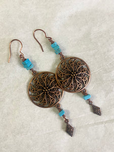 Ornate Antique Copper and Turquoise Earrings