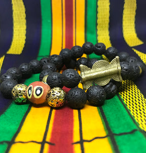 Afrocentric Black Lava Stone and Krobo Glass Beaded Bracelet