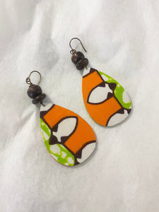 African Fabric and Shell Teardrop Earrings