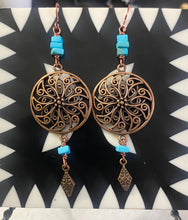 Load image into Gallery viewer, Ornate Antique Copper and Turquoise Earrings